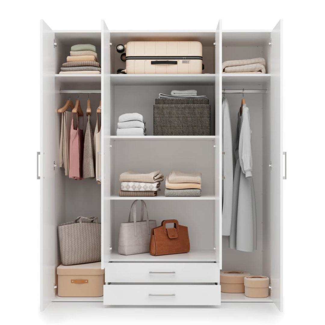 White wardrobe with clothes and bags on a white background