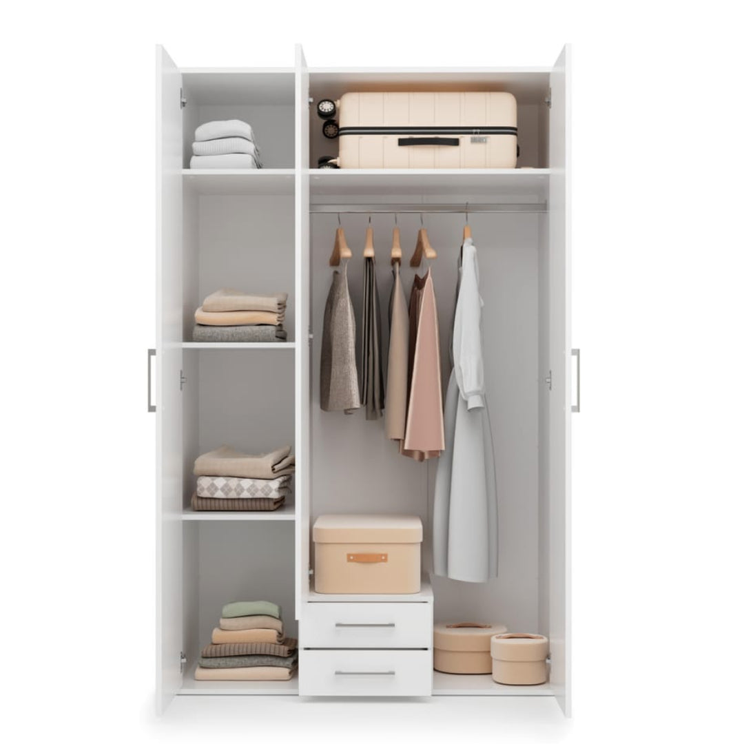White wardrobe with clothes and storage boxes on a white background