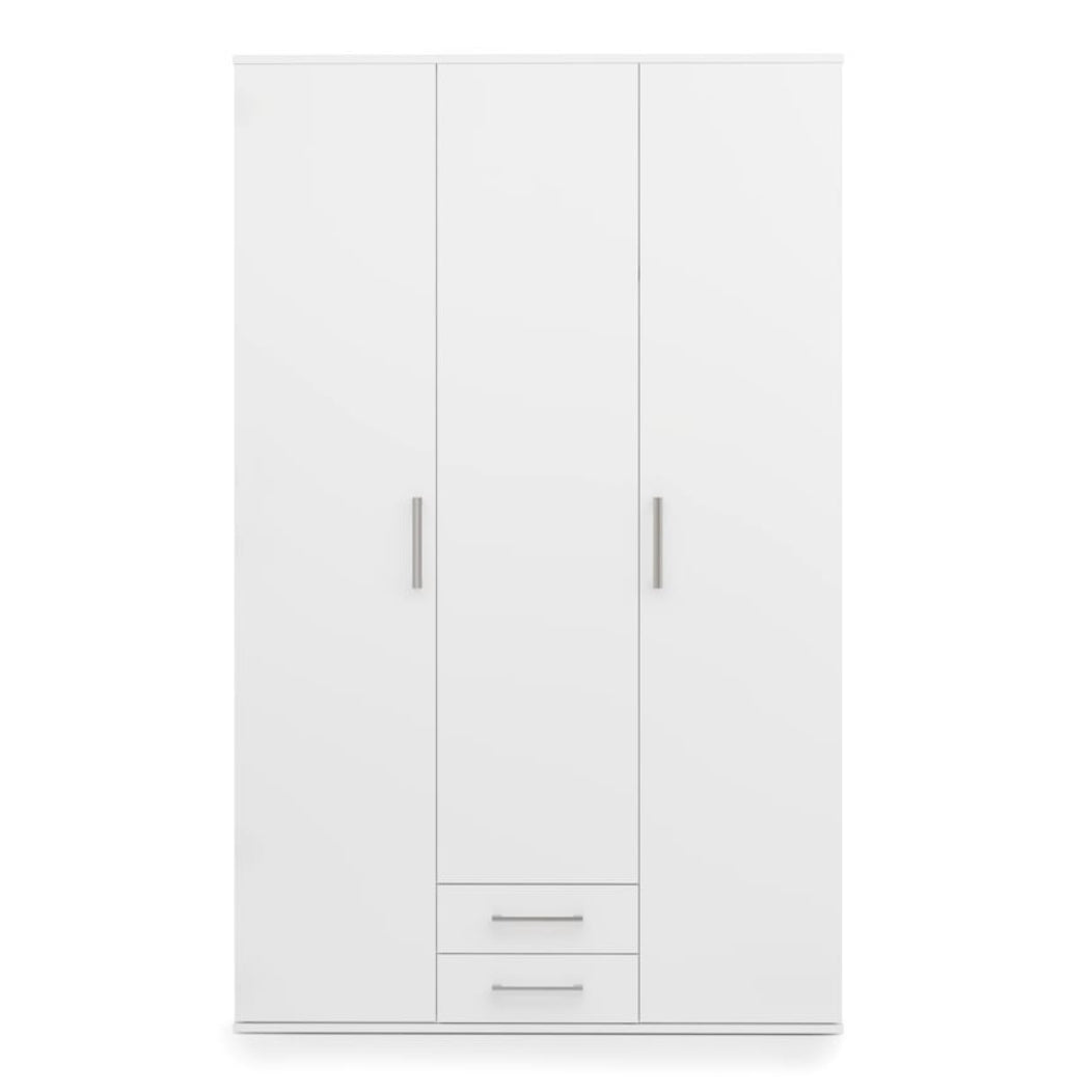 White wardrobe with two doors and three drawers on a white background