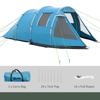 خيمة تخييم Outsunny 3-4 Man Tunnel Tent، خيمة تخييم من غرفتين مع نوافذ وأغطية، حقيبة حمل محمولة، للصيد والمشي لمسافات طويلة والرياضة والمهرجانات - أزرق