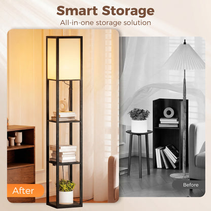 HOMCOM Floor Lamp with Shelves, 3 Layer Column Modern Standing Lamp for Living Room, Bedroom, Office, Black