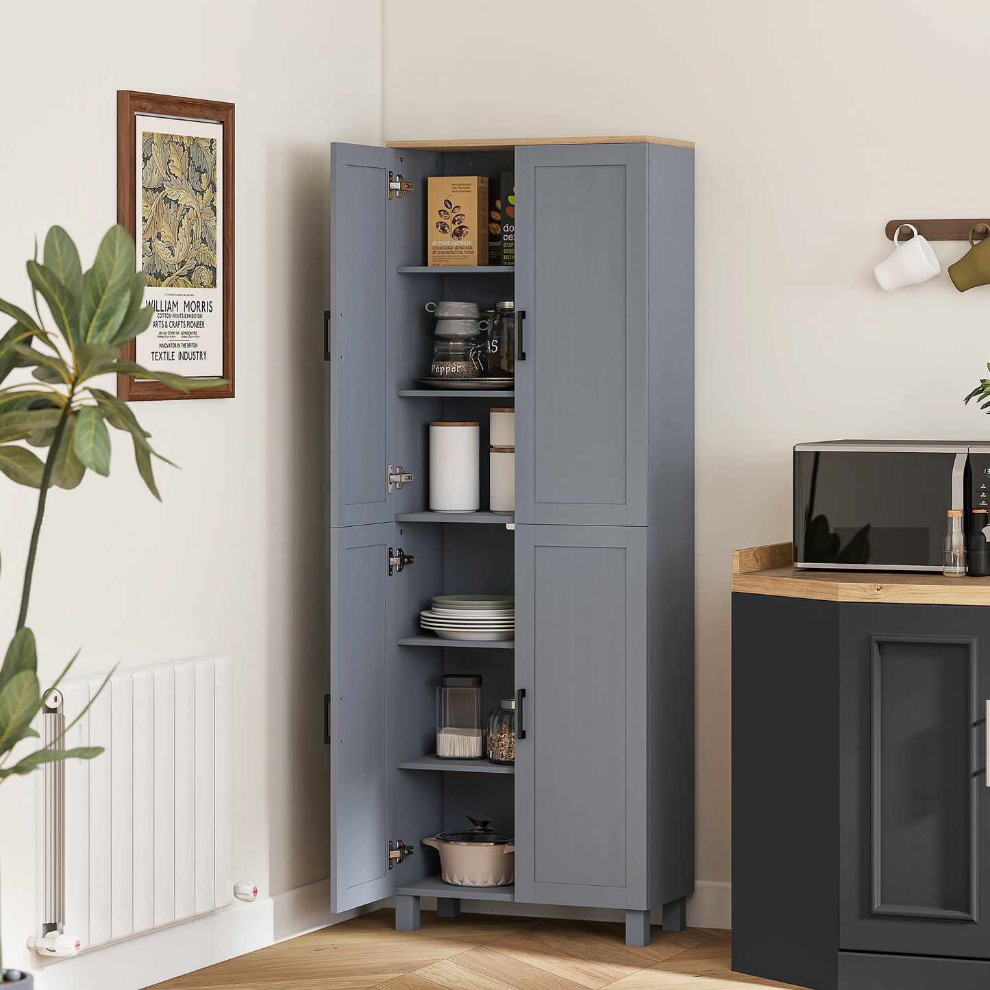 HOMCOM Freestanding Kitchen Cupboard, 4-Door Storage Cabinet with Adjustable Shelves, Modern Kitchen Pantry for Dining Room, 170cm, Grey Wood Effect