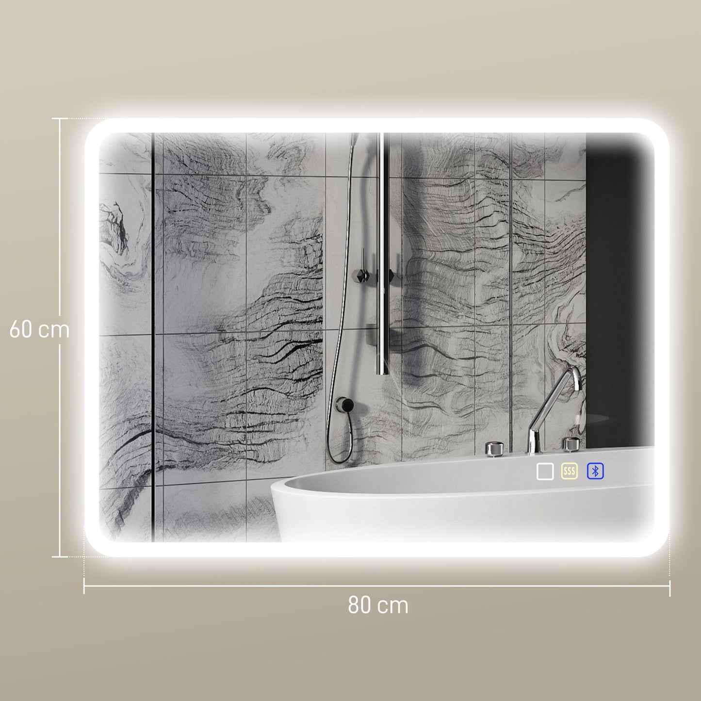 HOMCOM 80 x 60cm LED Bathroom Mirror, with Bluetooth - Silver Tone