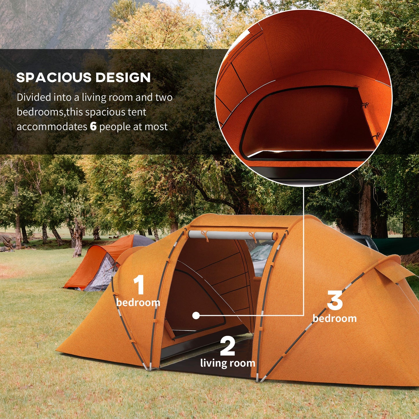 Outsunny 4-6 Man Camping Tent with Living Area and 2 Bedrooms, Hiking Sun Shelter, UV Protection Tunnel Tent, Orange