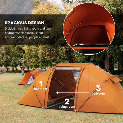 Outsunny 4-6 Man Camping Tent with Living Area and 2 Bedrooms, Hiking Sun Shelter, UV Protection Tunnel Tent, Orange