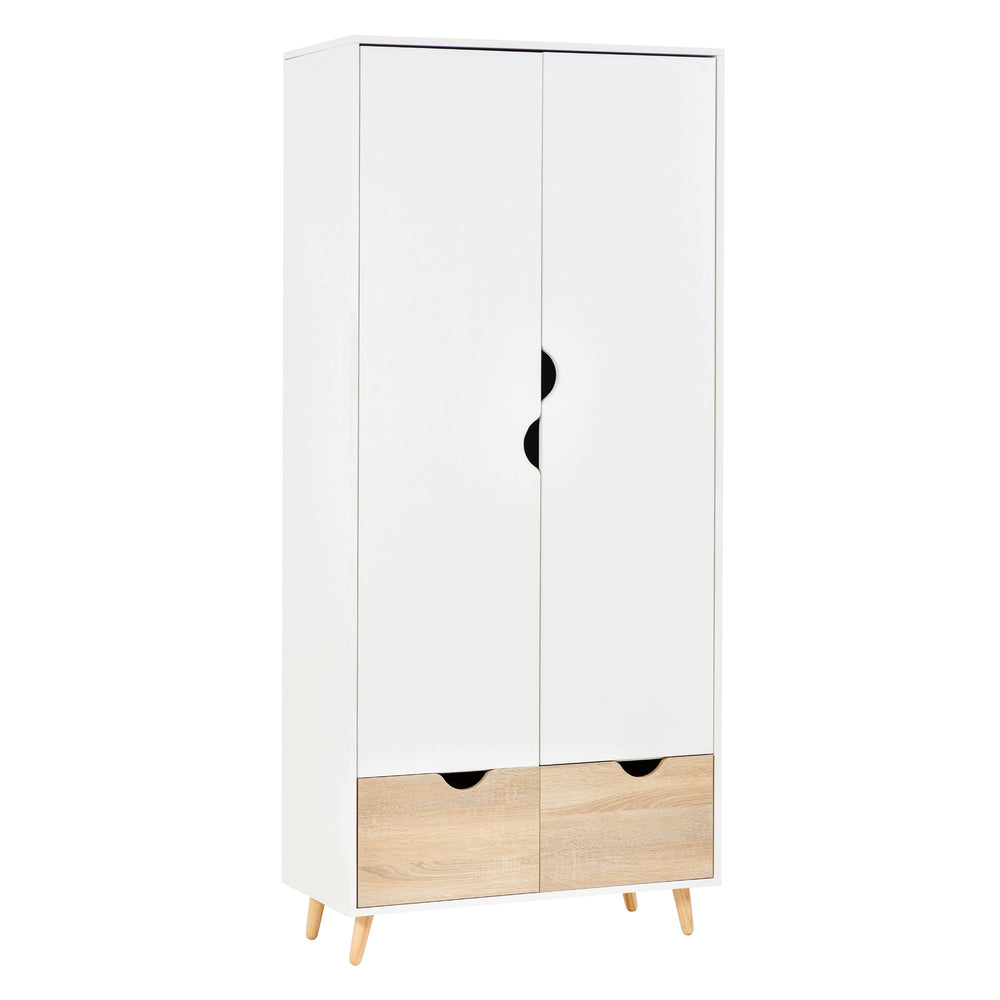 HOMCOM 2-Door Clothes Wardrobe w/ Rail Shelf 2 Drawers Wood Feet Elegant Home Storage Organisation Furniture, White