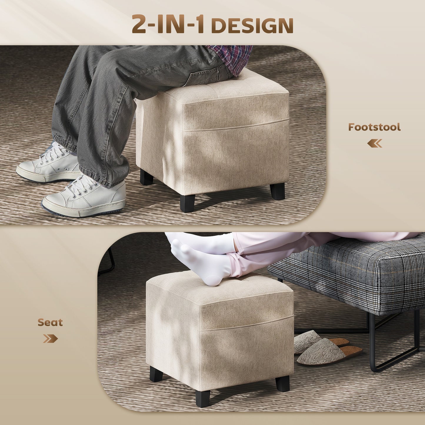 HOMCOM Small Ottoman, Square Footstool with Side Pocket, Rubber Wood Legs and Padded Seat for Living Room, Beige