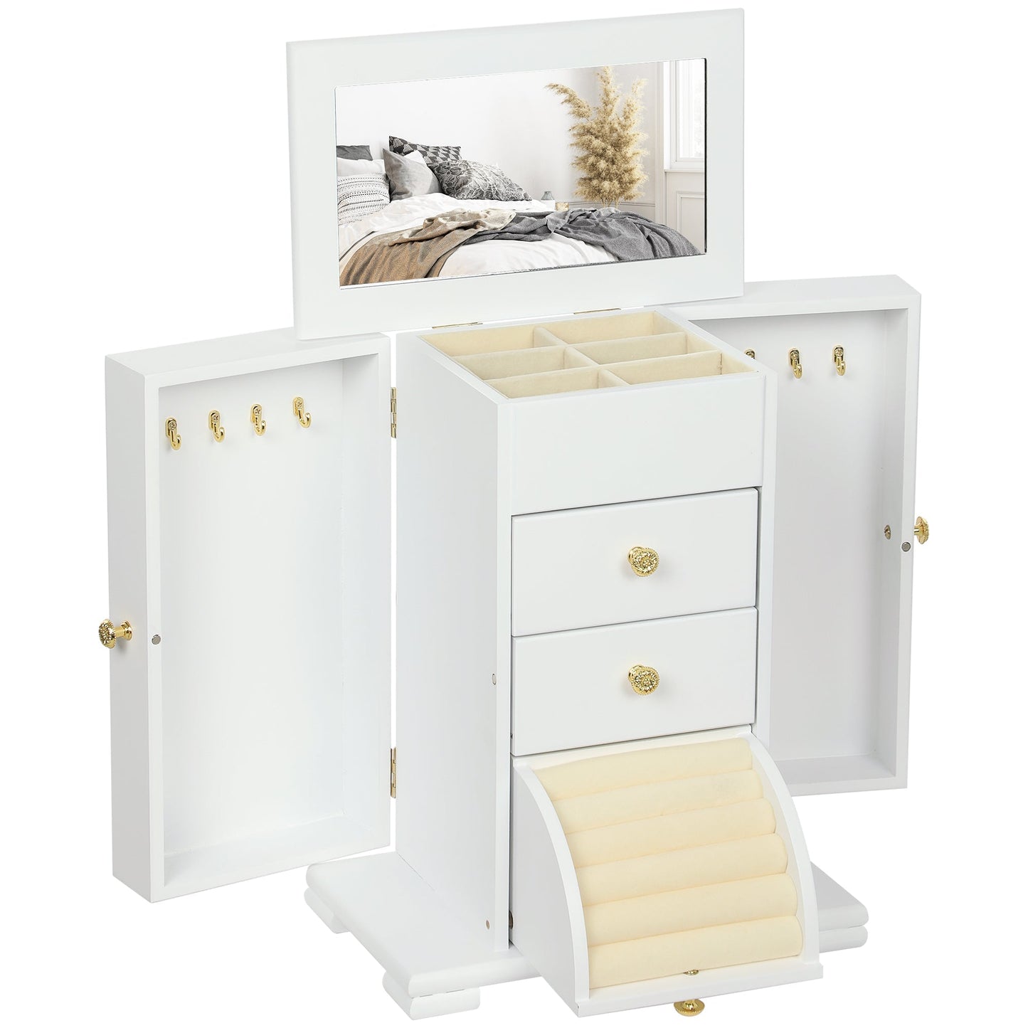 HOMCOM 4-Tier Jewellery Box with Mirror and 2 Drawers - White