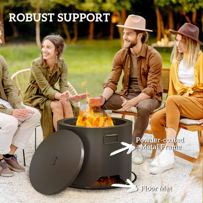 Outsunny Outdoor Round Fire Pit with Lid and Fire Poker - Black