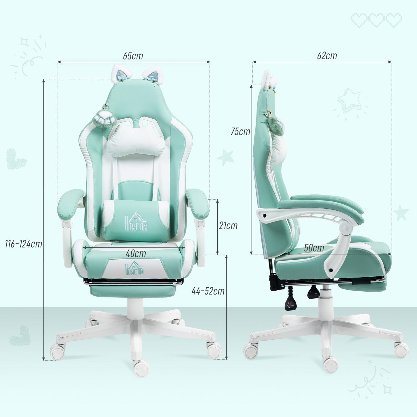 HOMCOM Cat Ear and Paw Reclining Office Chair, with Footrest - Light Blue/White