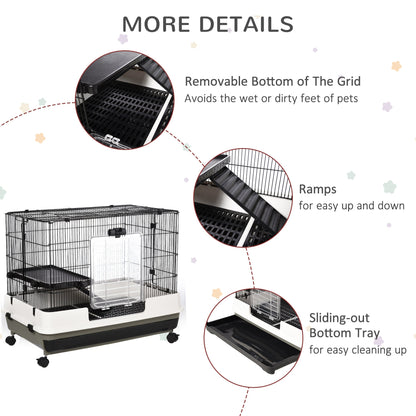 PawHut 2 Tier Rolling Small Animal Rabbit Cage Chinchillas Hutch Pet Play House with Platform Ramp Removable Tray 80 x 52.7 x 66 cm