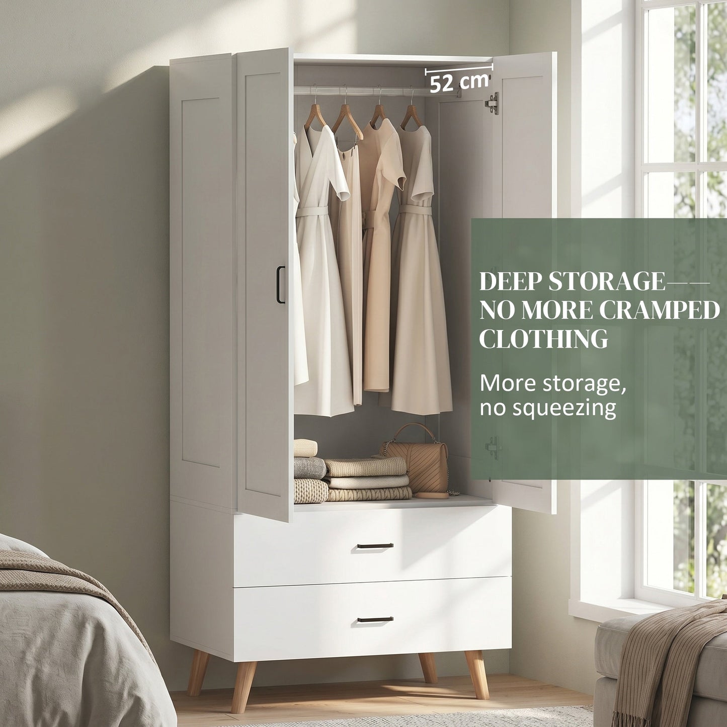 HOMCOM 2-Door Wardrobe, Modern Wardrobe with 2 Drawers and Hanging Rail for Bedroom, White