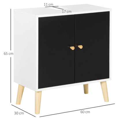 kleankin Modern Bathroom Sink Cabinet, Under Sink Storage Cabinet, with Adjustable Shelf and Solid Wood Legs, Black and White