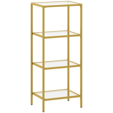 HOMCOM 4-Tier Shelving Unit, Glass Shelf, Vertical Storage Shelf for Living Room, Home Office, Bedroom, Bathroom, Gold Tone