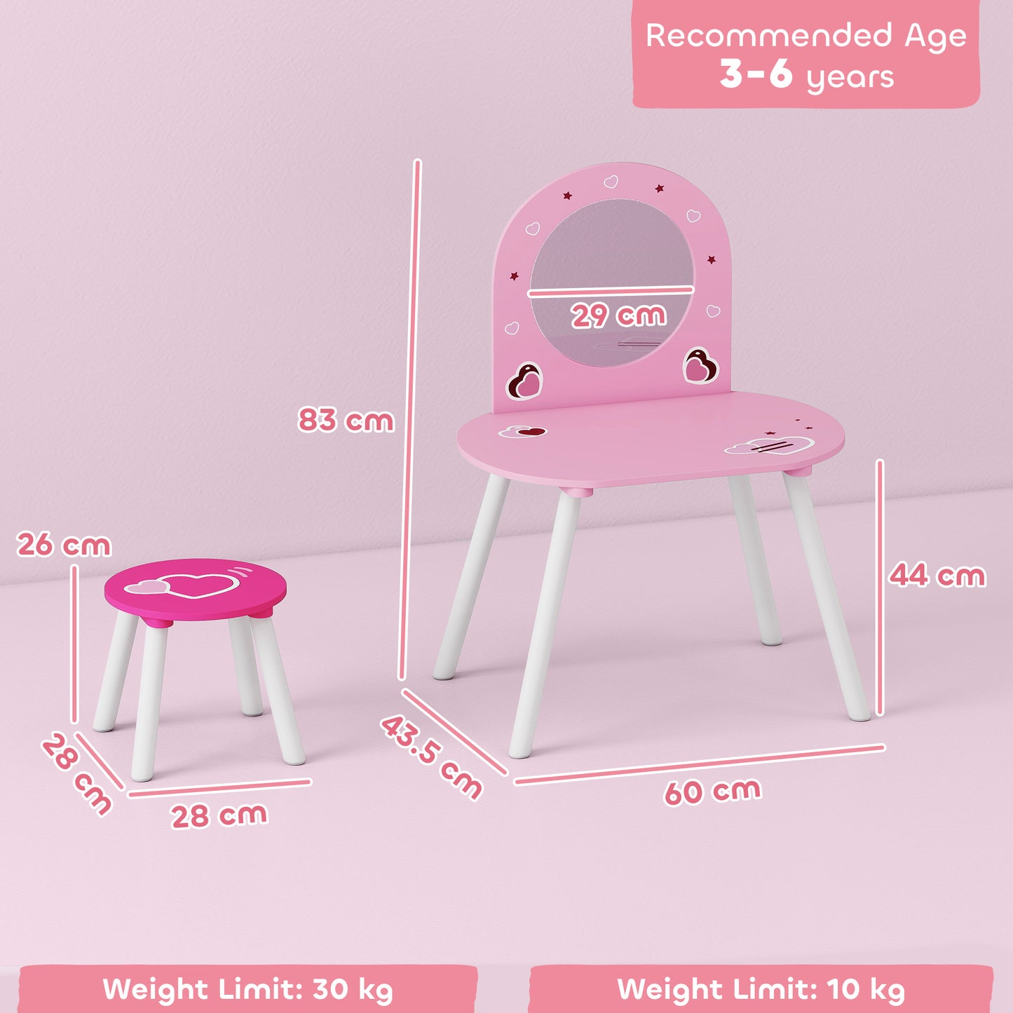 AIYAPLAY Kids Dressing Table with Mirror and Stool, Girls Vanity Set for Kids Room, Bedroom, Nursery, for Ages 3â€“6 Years, Pink