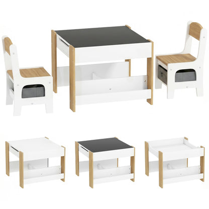 HOMCOM Three-Piece Kids Table and Chair Set with Blackboard, Storage, Bookshelves - Natural Wood