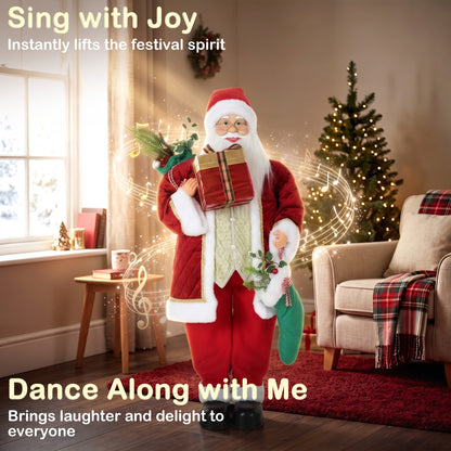 HOMCOM 4ft Life Size Singing Dancing Santa Claus, 120 cm Standing Musical Animated Santa with Stocking, Sack, Posable Arms, Handcrafted, Sound Touch Activated, Moving Christmas Figure Decor