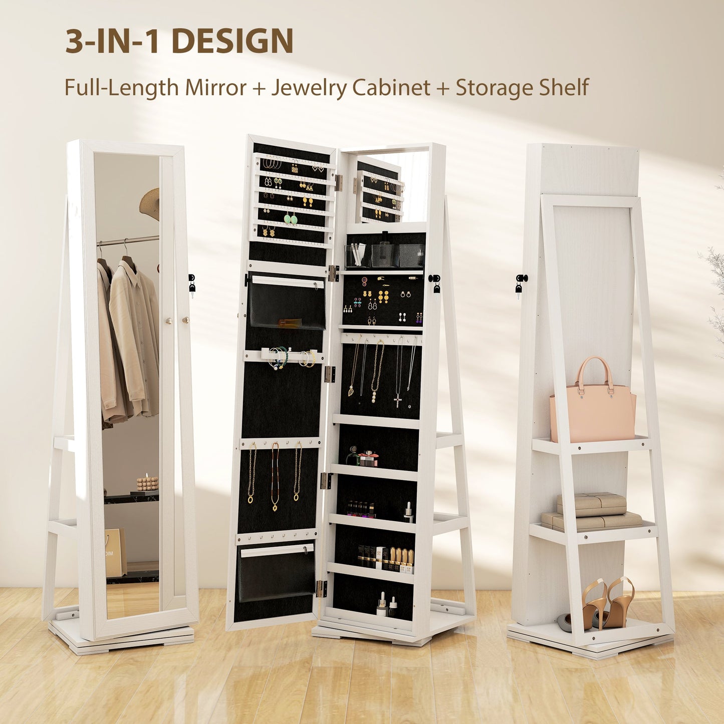 HOMCOM 360° Swivel Jewellery Cabinet, Free Standing Full Length Mirror with Storage, Lockable Jewellery Organiser with Built-in Makeup Mirror and Storage Shelves for Bedroom, White
