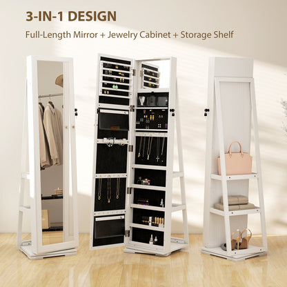 HOMCOM 360° Swivel Jewellery Cabinet, Free Standing Full Length Mirror with Storage, Lockable Jewellery Organiser with Built-in Makeup Mirror and Storage Shelves for Bedroom, White