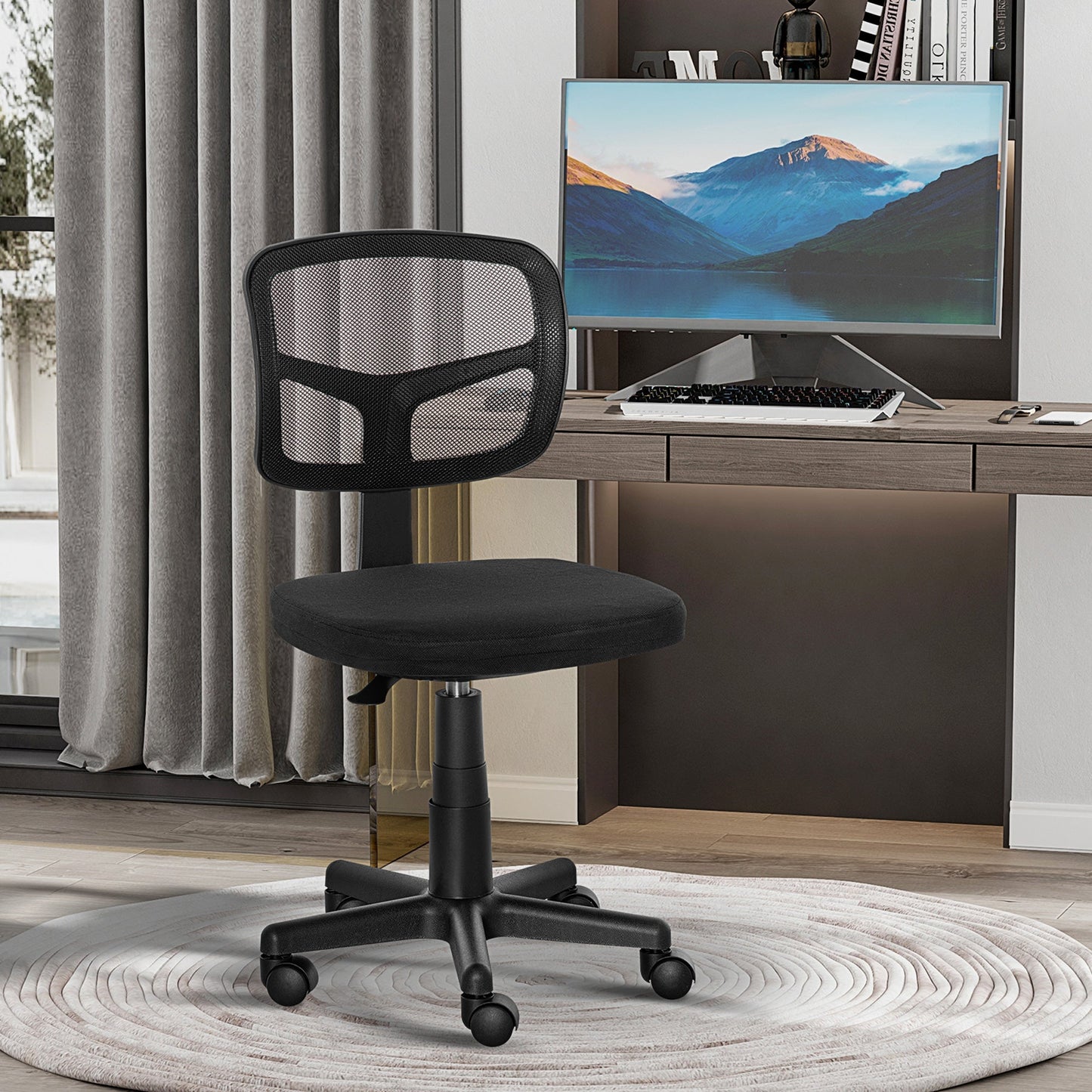 Vinsetto Small Office Chair without Arms, Ergonomic Swivel Mesh Desk Chair with Curved Back and Wheels, Height Adjustable, for Home Vanity Computer Dressing Table Study Bedroom, Holds Up to 120 kg