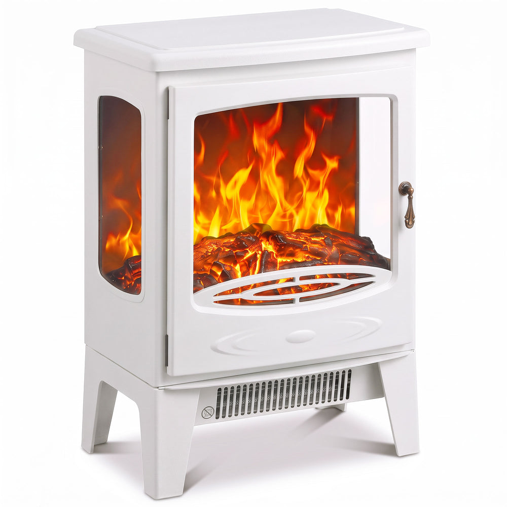 HOMCOM 900W/1800W Freestanding Electric Fireplace, Room Heater with Adjustable Artificial Flame, 3-Sided Tempered Glass, White