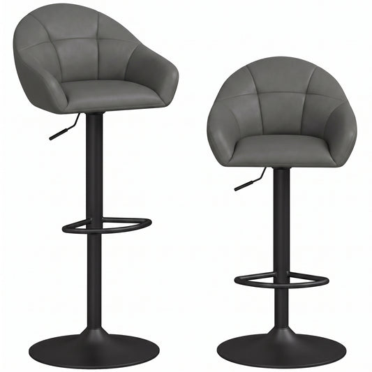 HOMCOM Bar Stools Adjustable Heights Breakfast Bar Stools Backrest Armrests Set of 2 with Rubber Ring Metal Base, Grey
