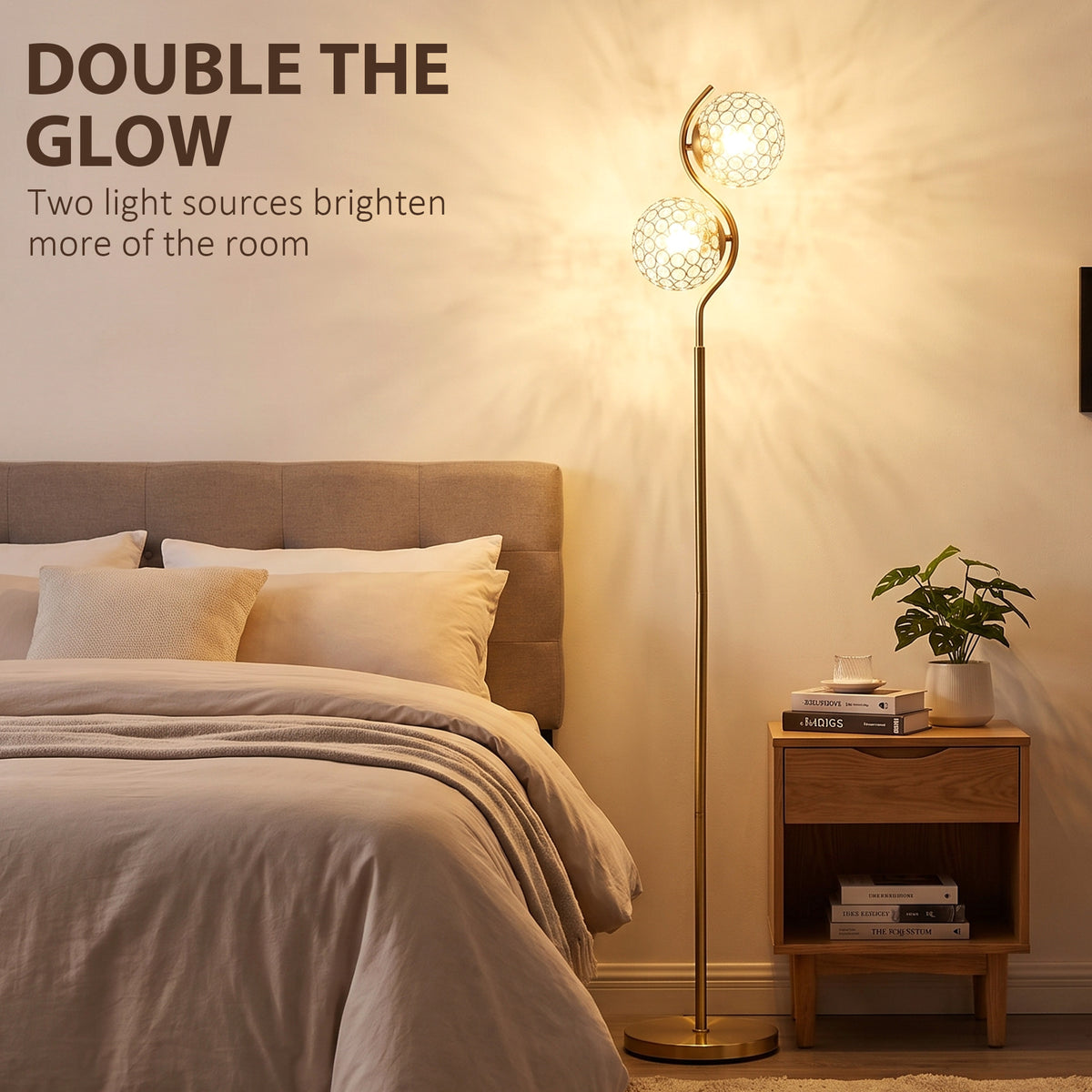 HOMCOM Floor Lamp with Crystal Globe Shades, Modern Dual Head Standing Lamp with Foot Switch and Weighted Base, Copper