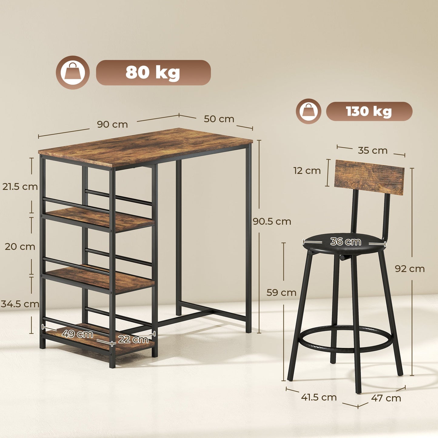 HOMCOM Space Saving Bar Table and PU Leather Stools for 2, 3 Piece Breakfast Bar Table Set with Storage Shelves, Rustic Brown
