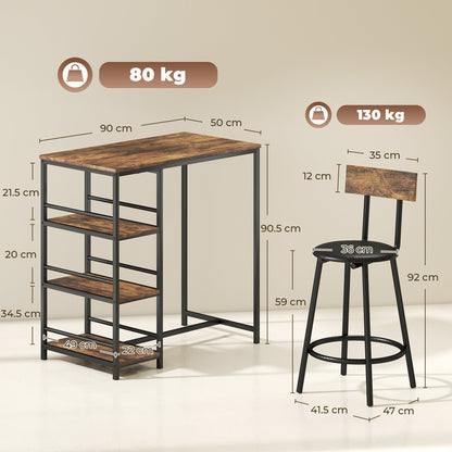 HOMCOM Space Saving Bar Table and PU Leather Stools for 2, 3 Piece Breakfast Bar Table Set with Storage Shelves, Rustic Brown