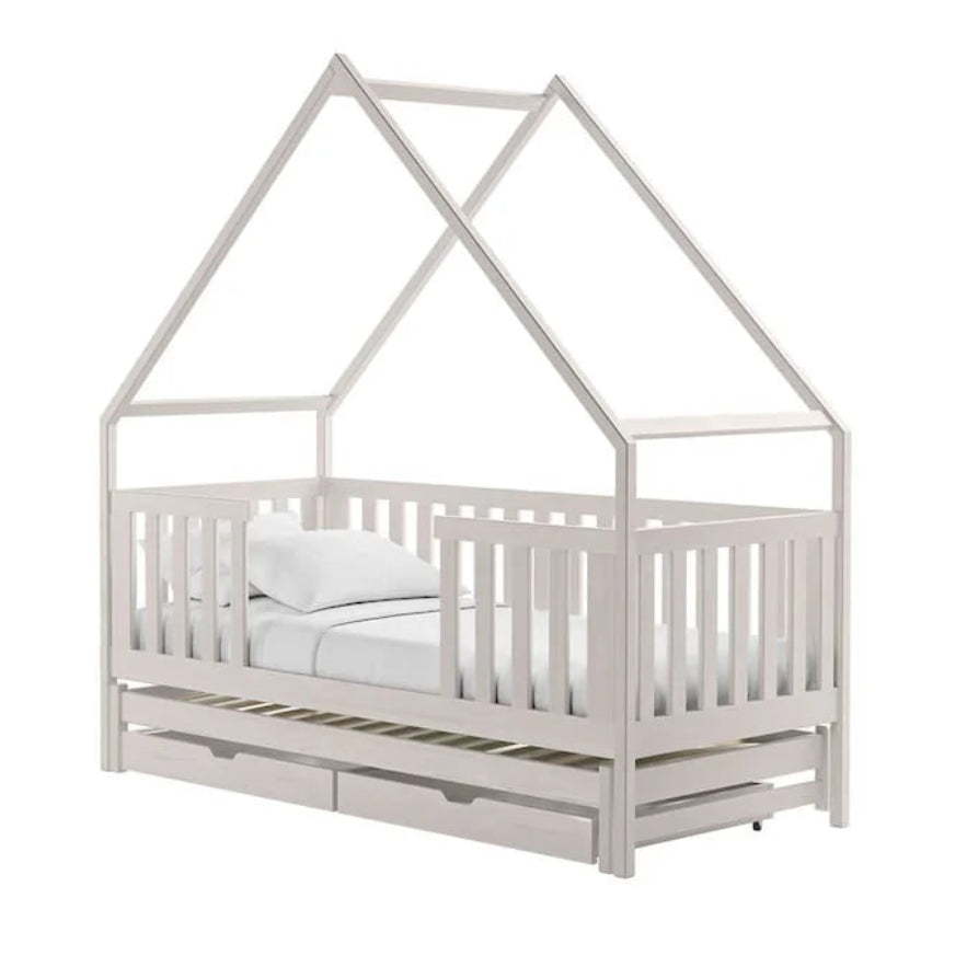 White children's house-shaped bed on a white background