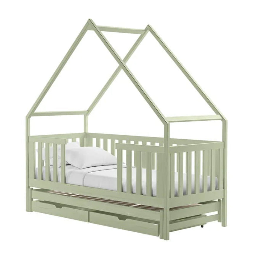 Green children's bed with a house design on a white background