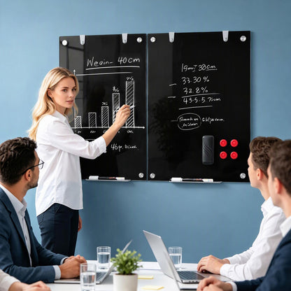 Magnetic Glass Board 24" x 36" with Markers and Cleaning Cloth for Wall-Black