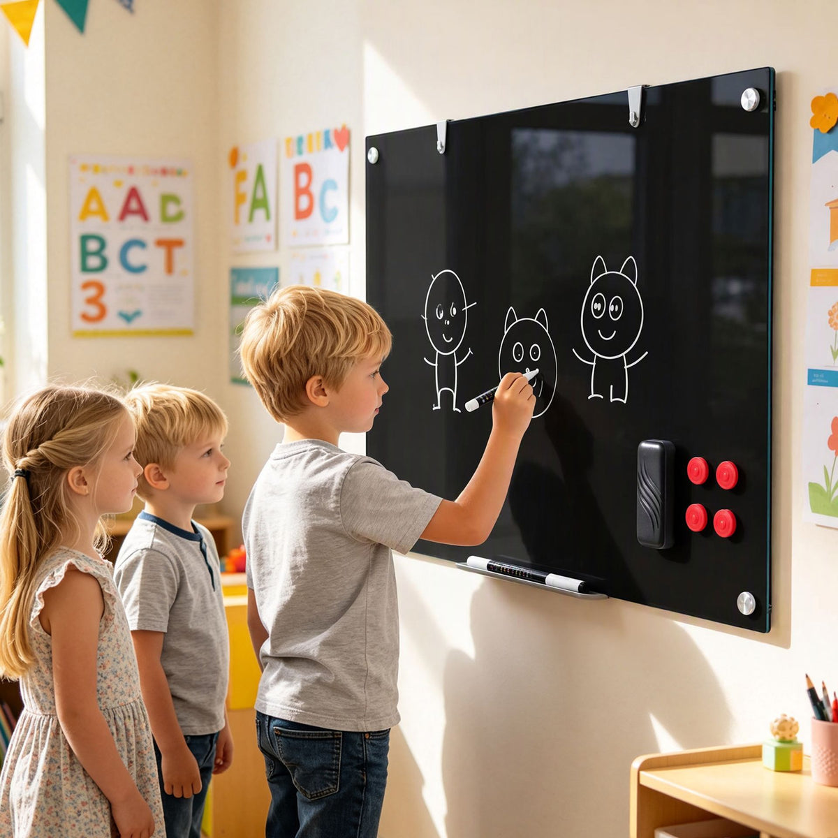 Magnetic Glass Board 24" x 36" with Markers and Cleaning Cloth for Wall-Black