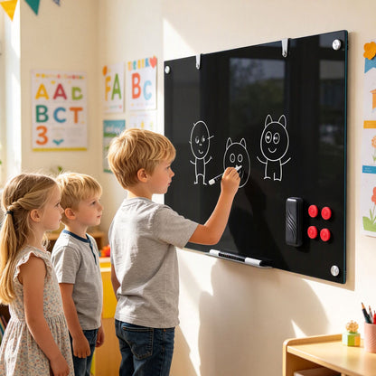 Magnetic Glass Board 24" x 36" with Markers and Cleaning Cloth for Wall-Black