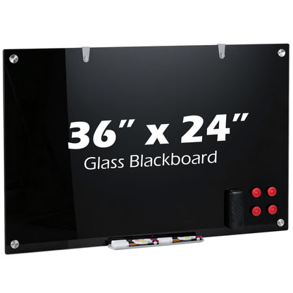 Magnetic Glass Board 24" x 36" with Markers and Cleaning Cloth for Wall-Black