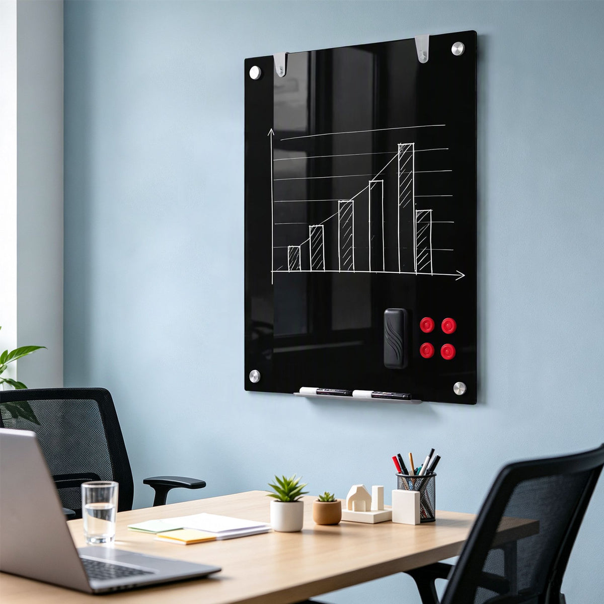 Magnetic Glass Board 24" x 36" with Markers and Cleaning Cloth for Wall-Black