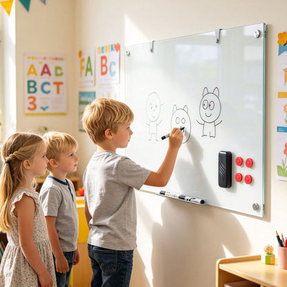 Magnetic Glass Board 24" x 36" with Markers and Cleaning Cloth for Wall-White