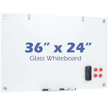 Magnetic Glass Board 24" x 36" with Markers and Cleaning Cloth for Wall-White