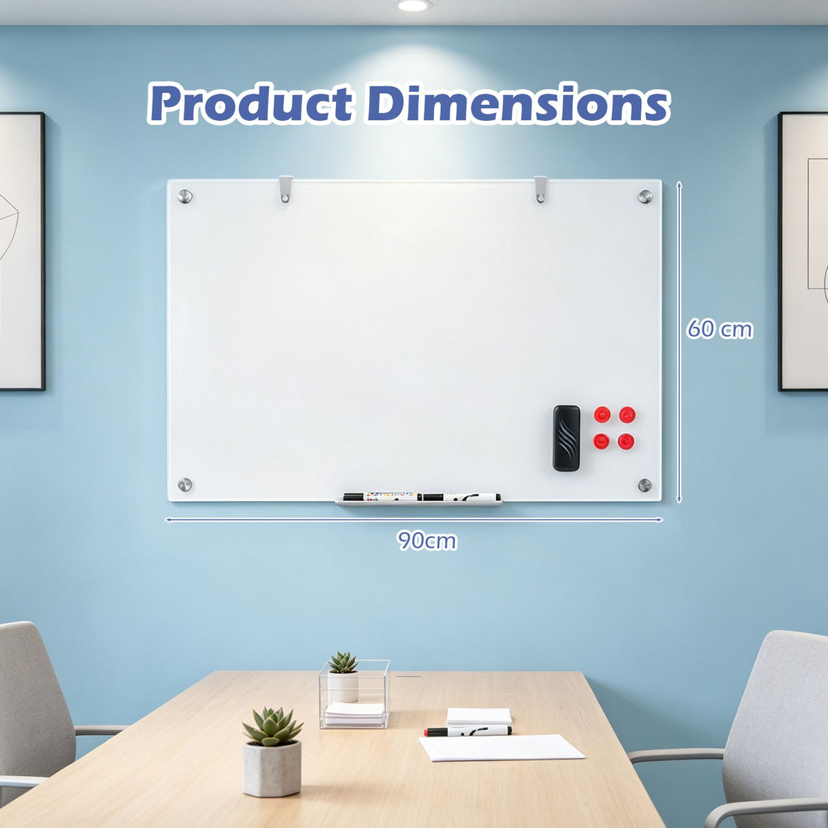 Magnetic Glass Board 24" x 36" with Markers and Cleaning Cloth for Wall-White