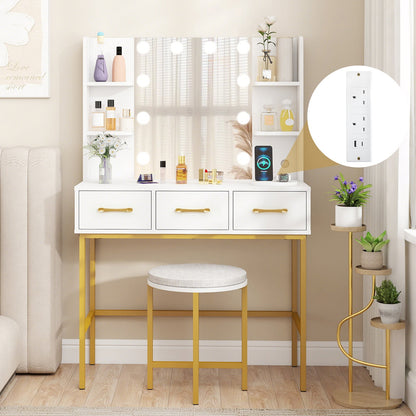 Makeup Dressing Table and Cushioned Stool Set with Power Outlets-White