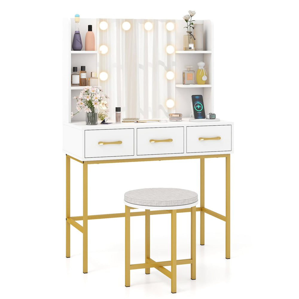 Makeup Dressing Table and Cushioned Stool Set with Power Outlets-White