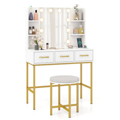 Makeup Dressing Table and Cushioned Stool Set with Power Outlets-White