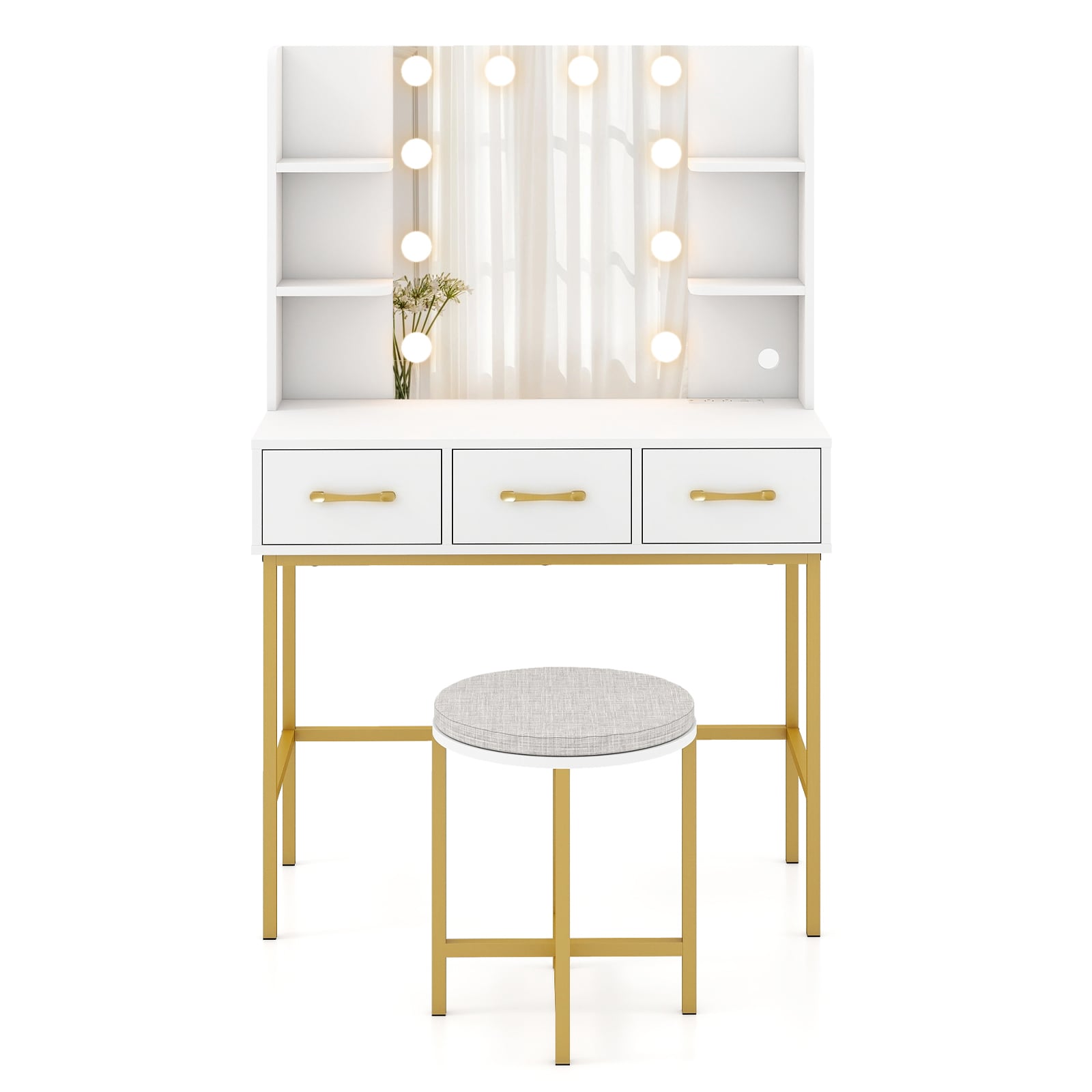 Makeup Dressing Table and Cushioned Stool Set with Power Outlets-White