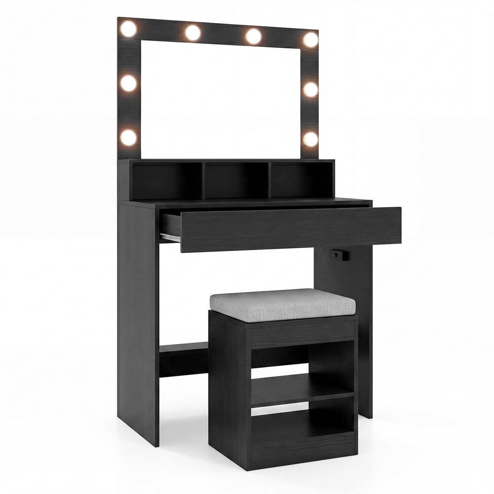 Makeup Vanity Desk Set with Mirror and Lights and Stool 3-Color LED-Black