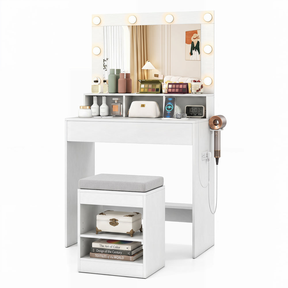Makeup Vanity Desk Set with Mirror and Lights and Stool 3-Color LED-White