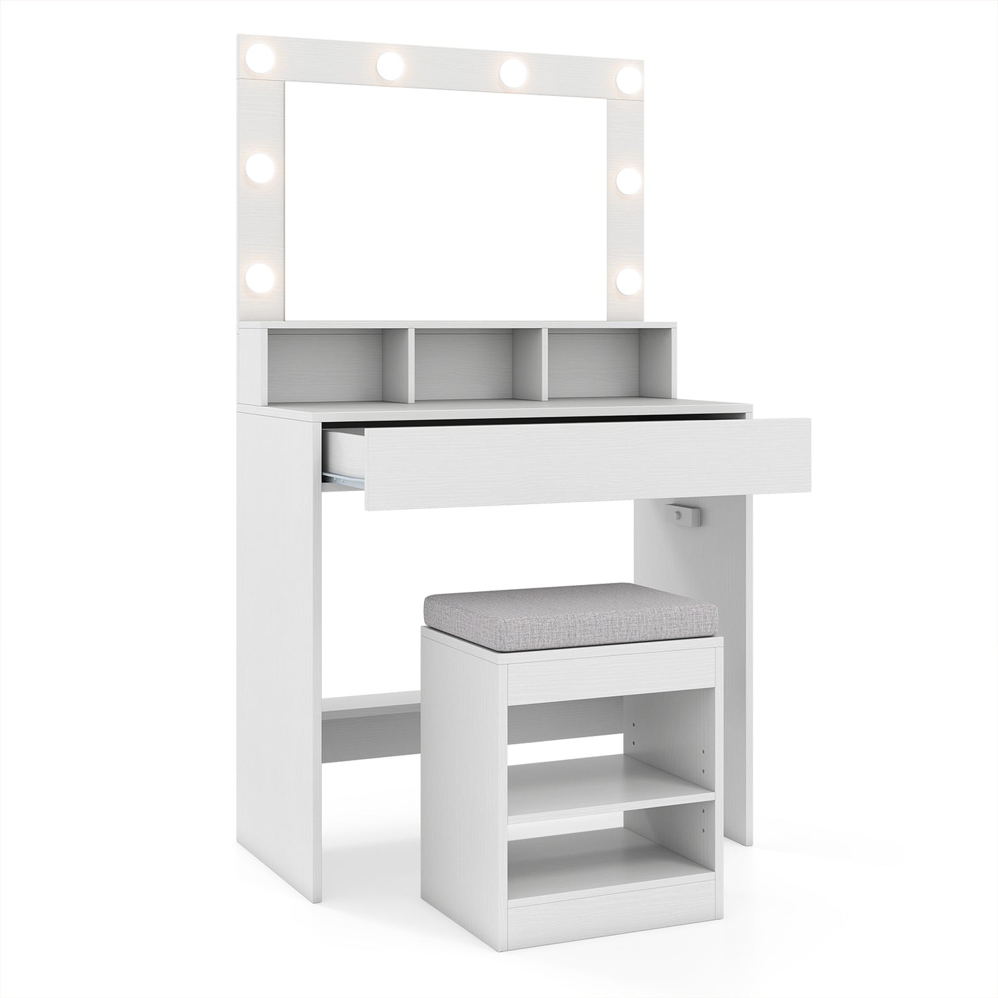 Makeup Vanity Desk Set with Mirror and Lights and Stool 3-Color LED-White