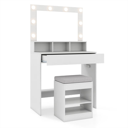 Makeup Vanity Desk Set with Mirror and Lights and Stool 3-Color LED-White