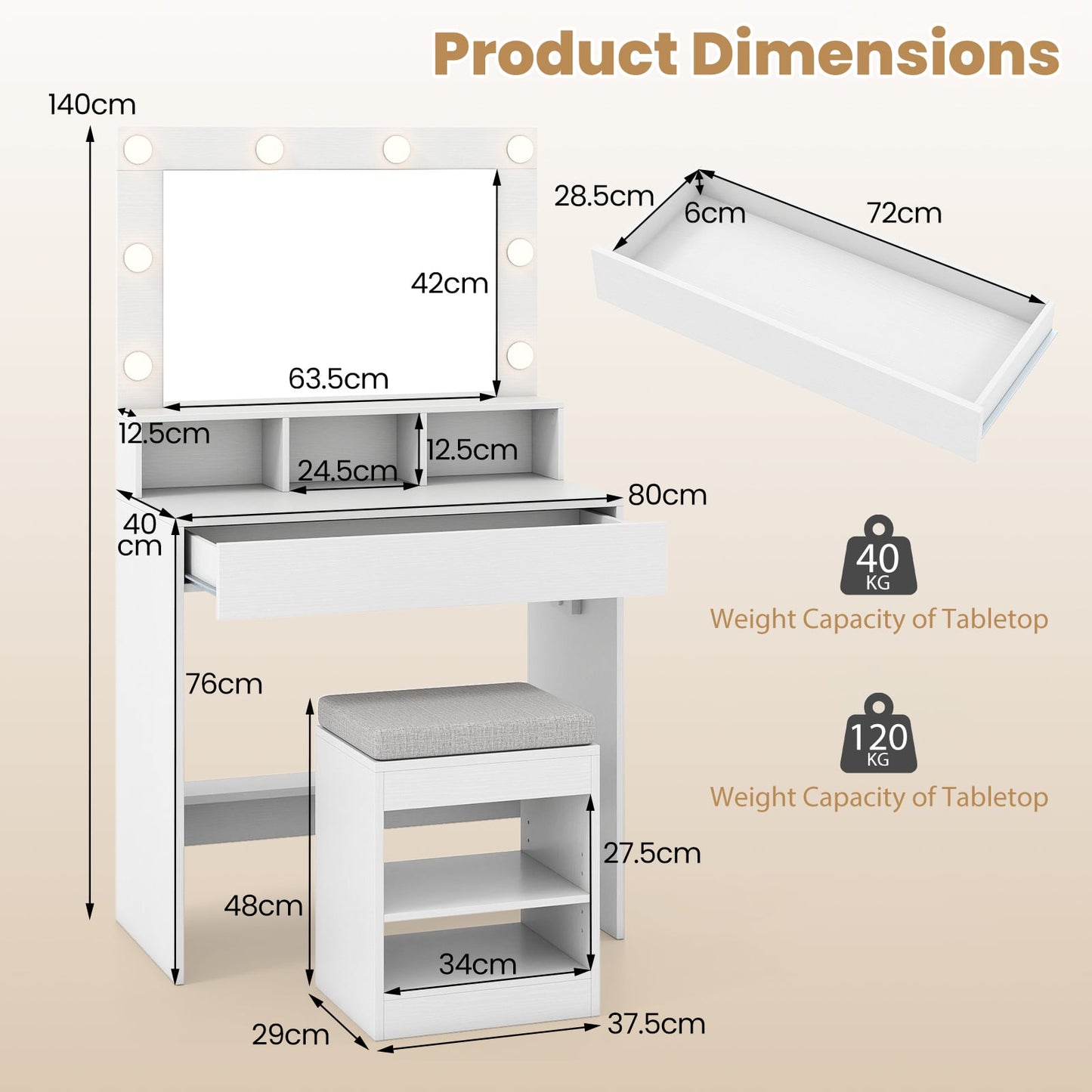 Makeup Vanity Desk Set with Mirror and Lights and Stool 3-Color LED-White