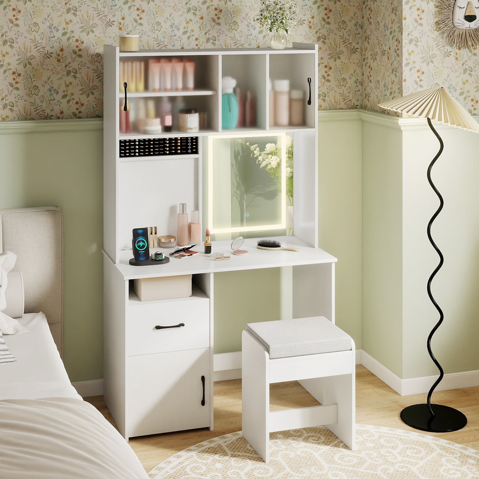 Makeup Dressing Table with Power Outlets and Jewelry Storage-White