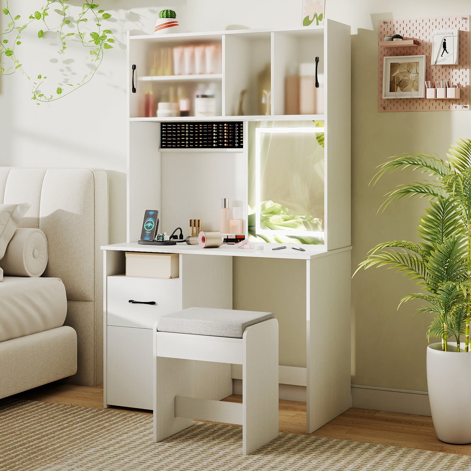 Makeup Dressing Table with Power Outlets and Jewelry Storage-White